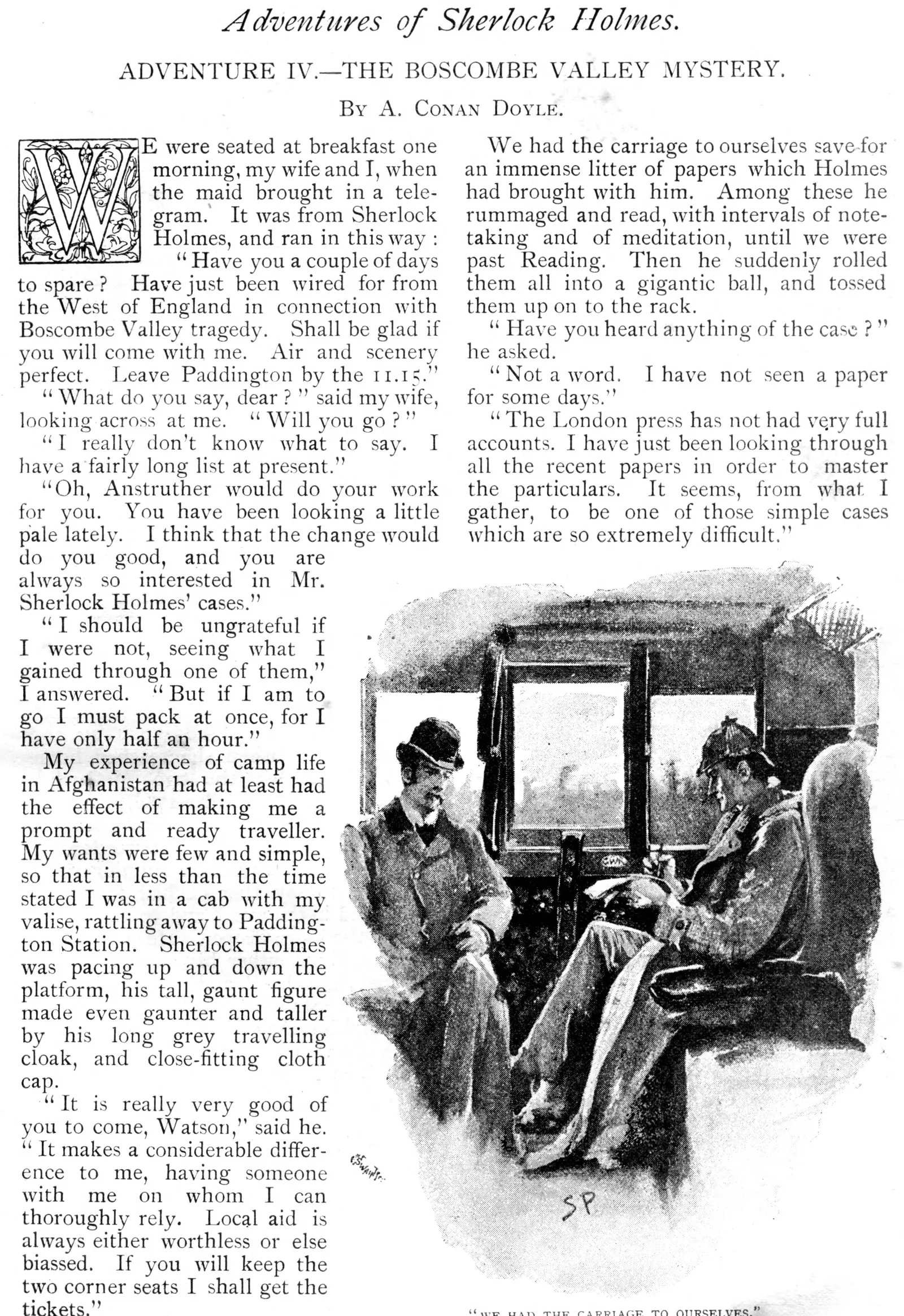The first page of “The Boscombe Valley Mystery” in The Strand Magazine, October 1891: two columns of type under the heading “Adventures of Sherlock Holmes. Adventure IV.—The Boscombe Valley Mystery. By A. Conan Doyle”, and Sidney Paget’s drawing of Holmes and Watson facing each other in a railway carriage, Holmes in a deerstalker and a long cloak with newspapers on his knee, Watson in a bowler; under it, “We had the carriage to ourselves.”