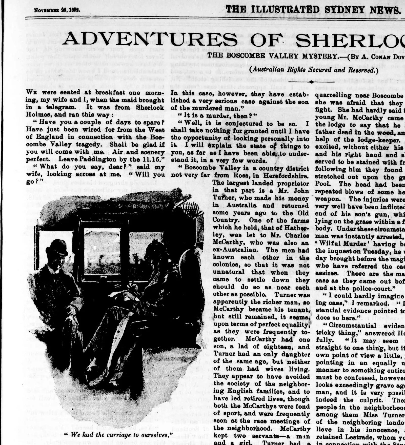 A page of the Illustrated Sydney News: “Adventures of Sherlock Holmes: The Boscombe Valley Mystery.—(By A. Conan Doyle.) (Australian Rights Secured and Reserved.)” across the top, Paget’s railway carriage, heavily printed, under it “We had the carriage to ourselves”, and the story’s first columns.